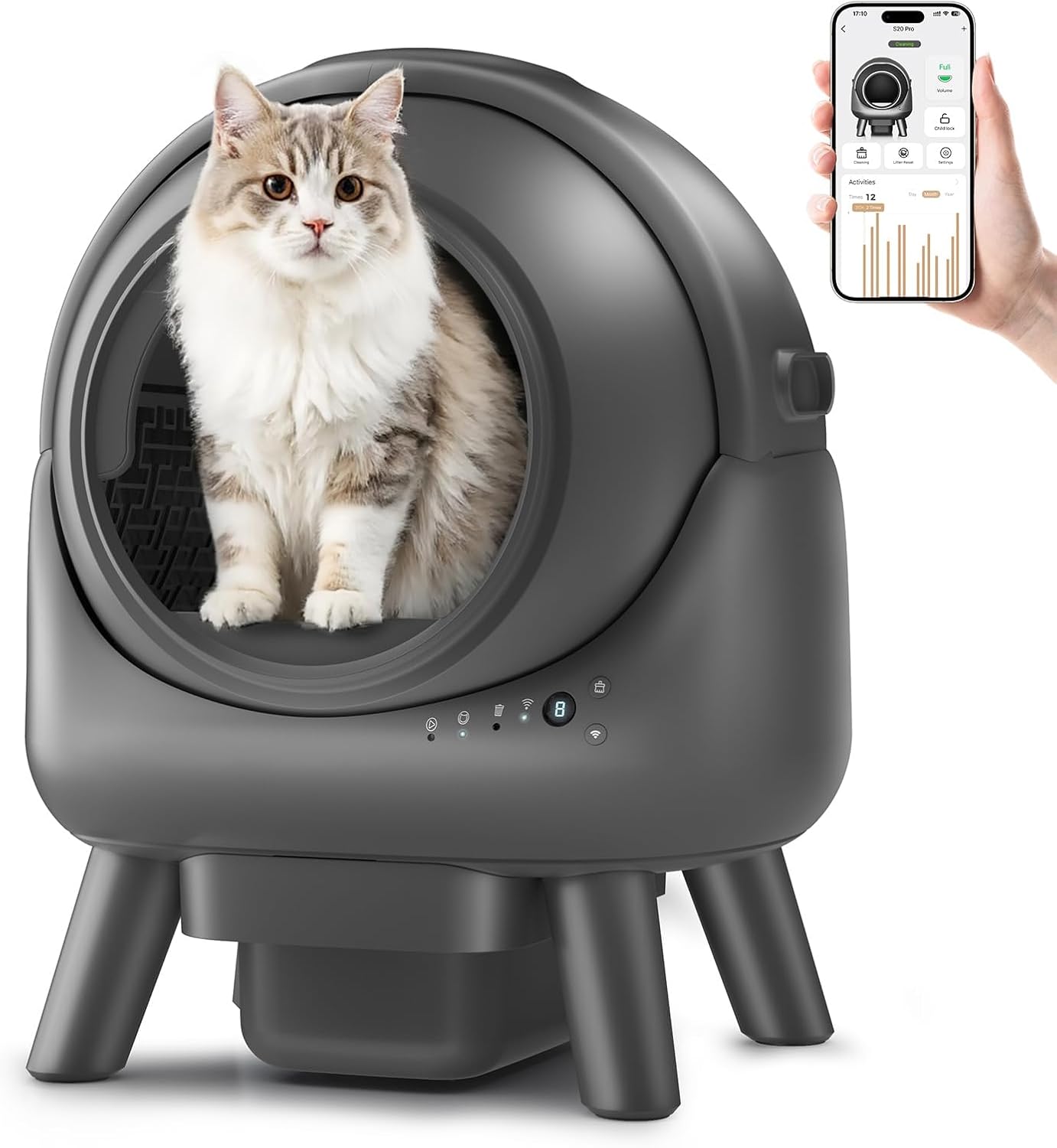 Self Cleaning Litter Box for Multiple Cats – Automatic Cat Litter Box with APP Control, Odor-Free Waste Disposal, Dual Safety Sensors, Litter Bags, Grey