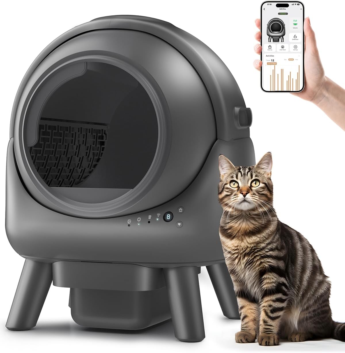 Self Cleaning Litter Box for Multiple Cats – Automatic Cat Litter Box with APP Control, Odor-Free Waste Disposal, Dual Safety Sensors, Litter Bags, Grey