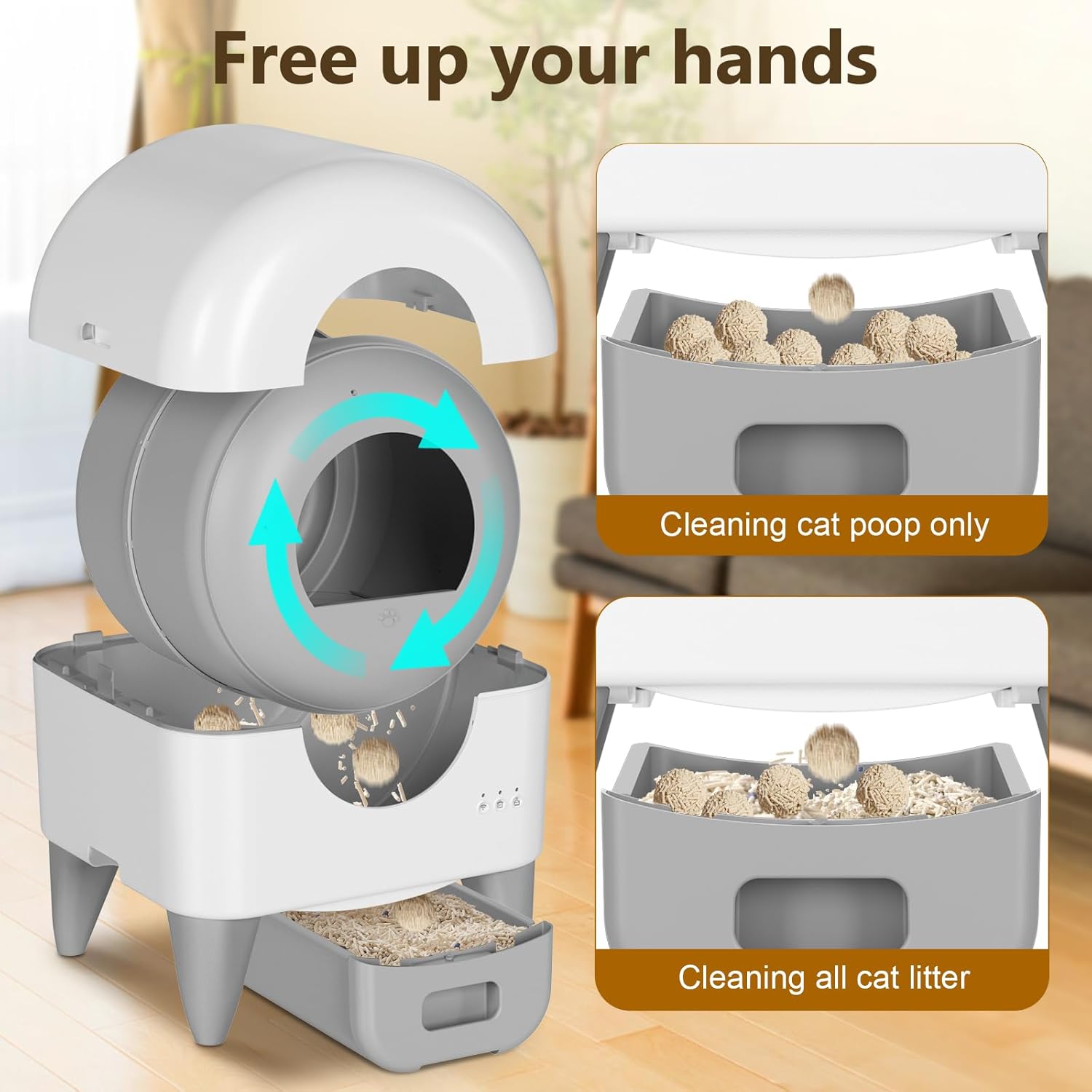 Self Cleaning Litter Box,95L Automatic Cat Litter Box Self Cleaning Large Capacity for Multiple Cats, App-Controlled with Safety Sensors, Removable Washable Liner,2 Rolls Garbage Bags,Grey