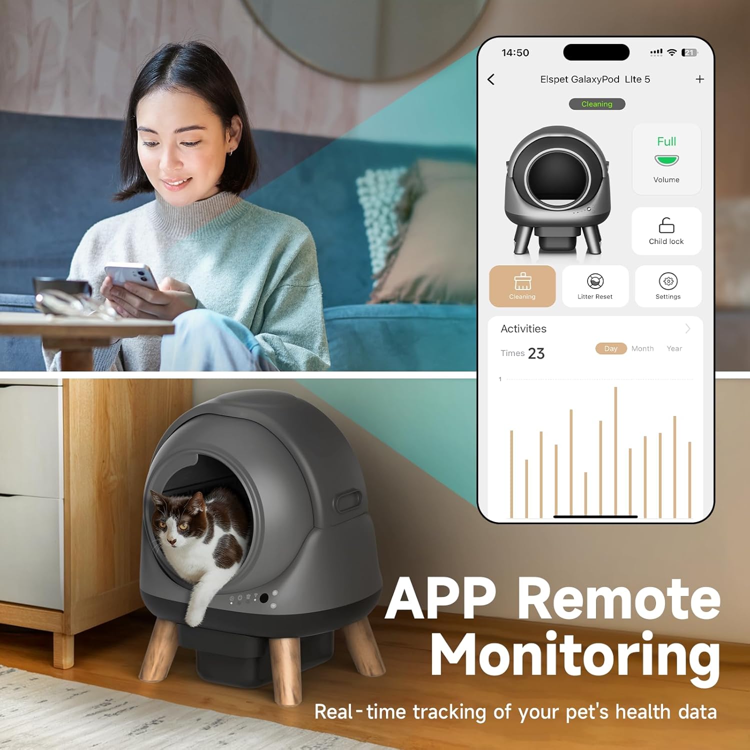 Self Cleaning Litter Box for Multiple Cats, G1 Automatic Cat Litter Box, Self-Cleaning Robot with Smart APP Control and Health Monitoring, Includes 2 Roll Trash Bag and Litter Mat, Grey