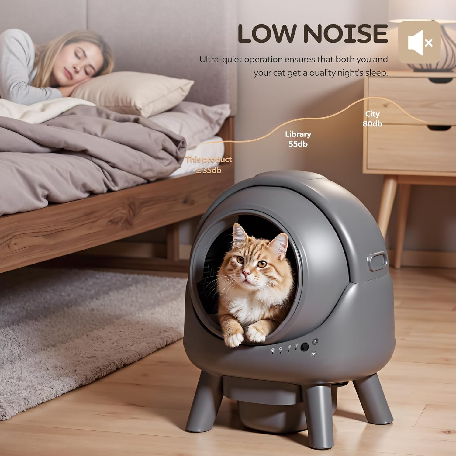 Self Cleaning Litter Box for Multiple Cats – Automatic Cat Litter Box with APP Control, Odor-Free Waste Disposal, Dual Safety Sensors, Litter Bags, Grey