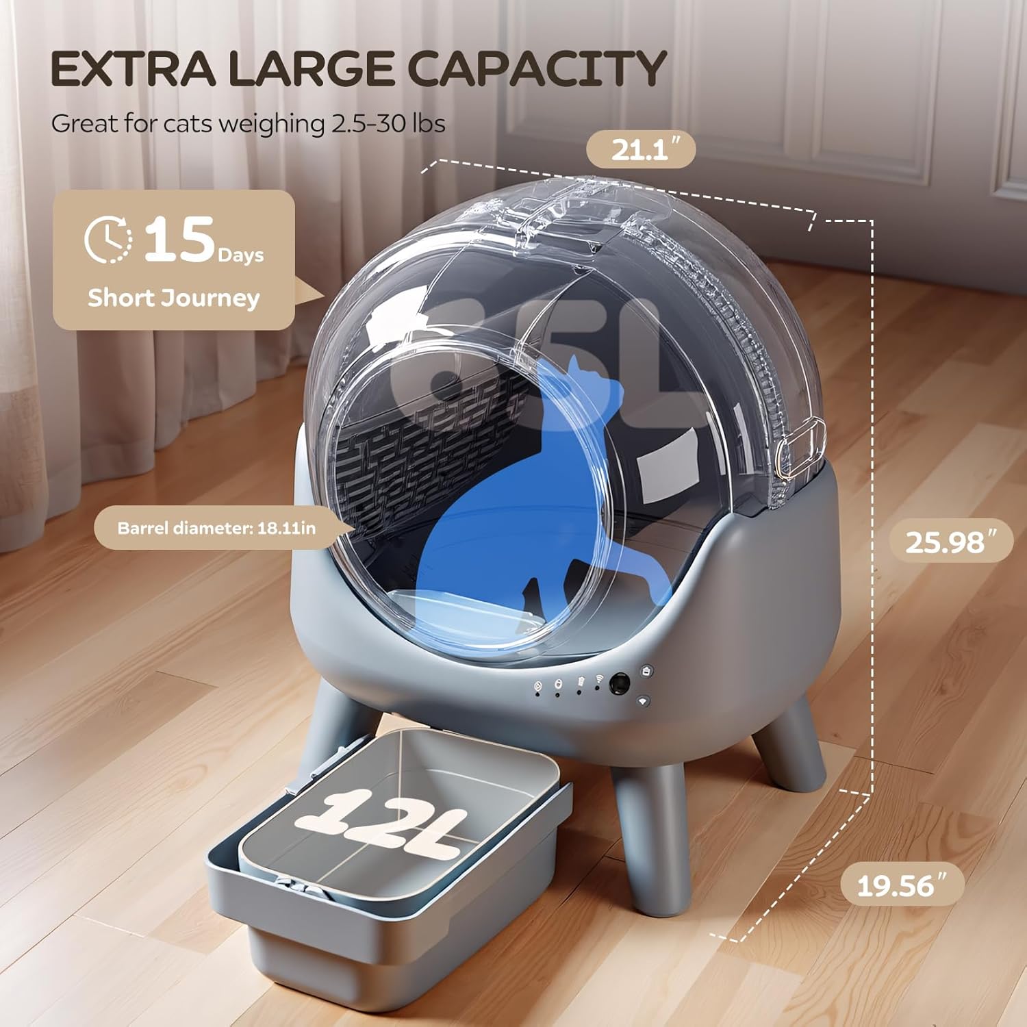 Self Cleaning Litter Box for Multiple Cats – Automatic Cat Litter Box with APP Control, Odor-Free Waste Disposal, Dual Safety Sensors, Litter Bags, Grey