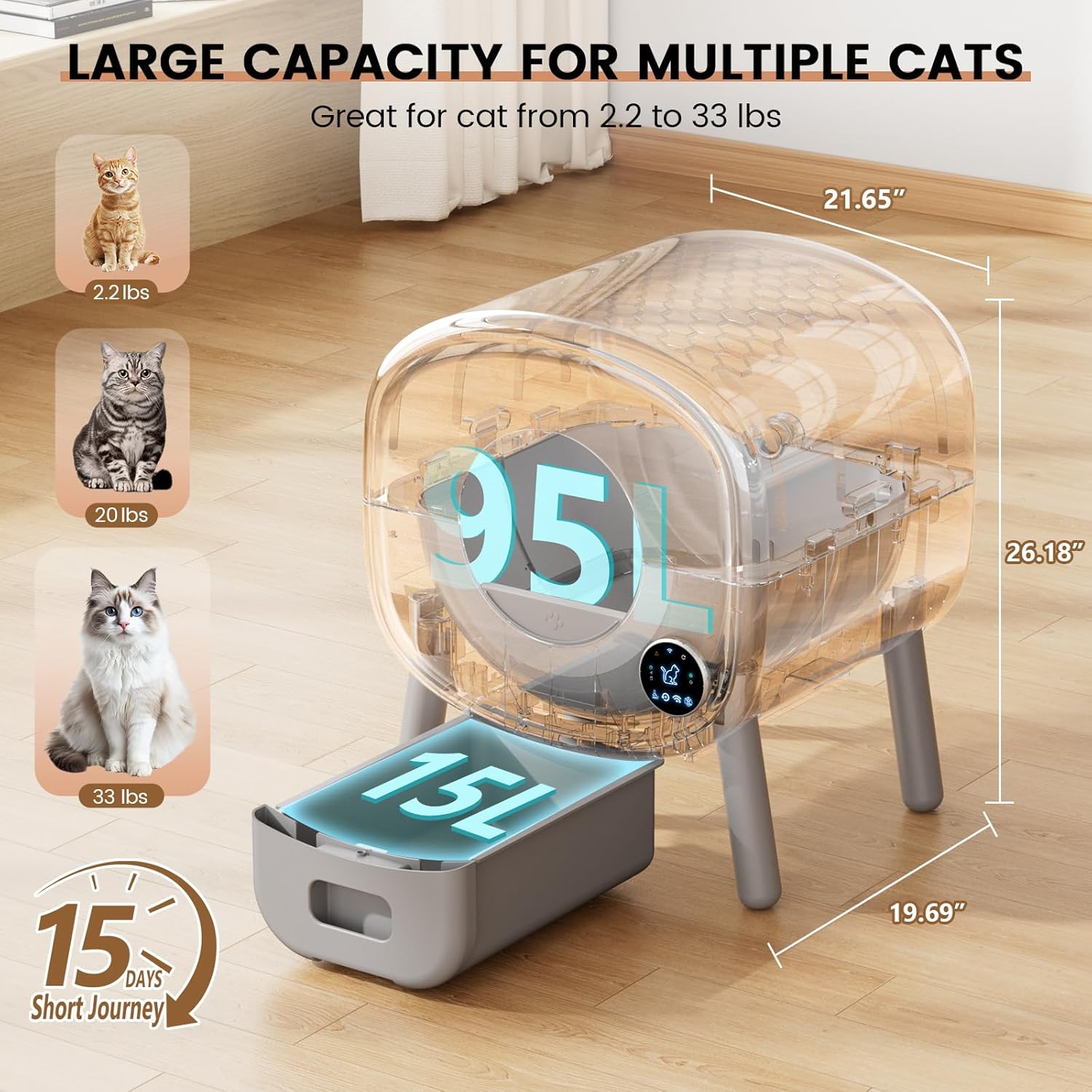 Automatic Cat Litter Box,Self Cleaning Litter Box Large Capacity for Multiple Cats with App Control and Safety Protection,2 Roll Litter Bags,White