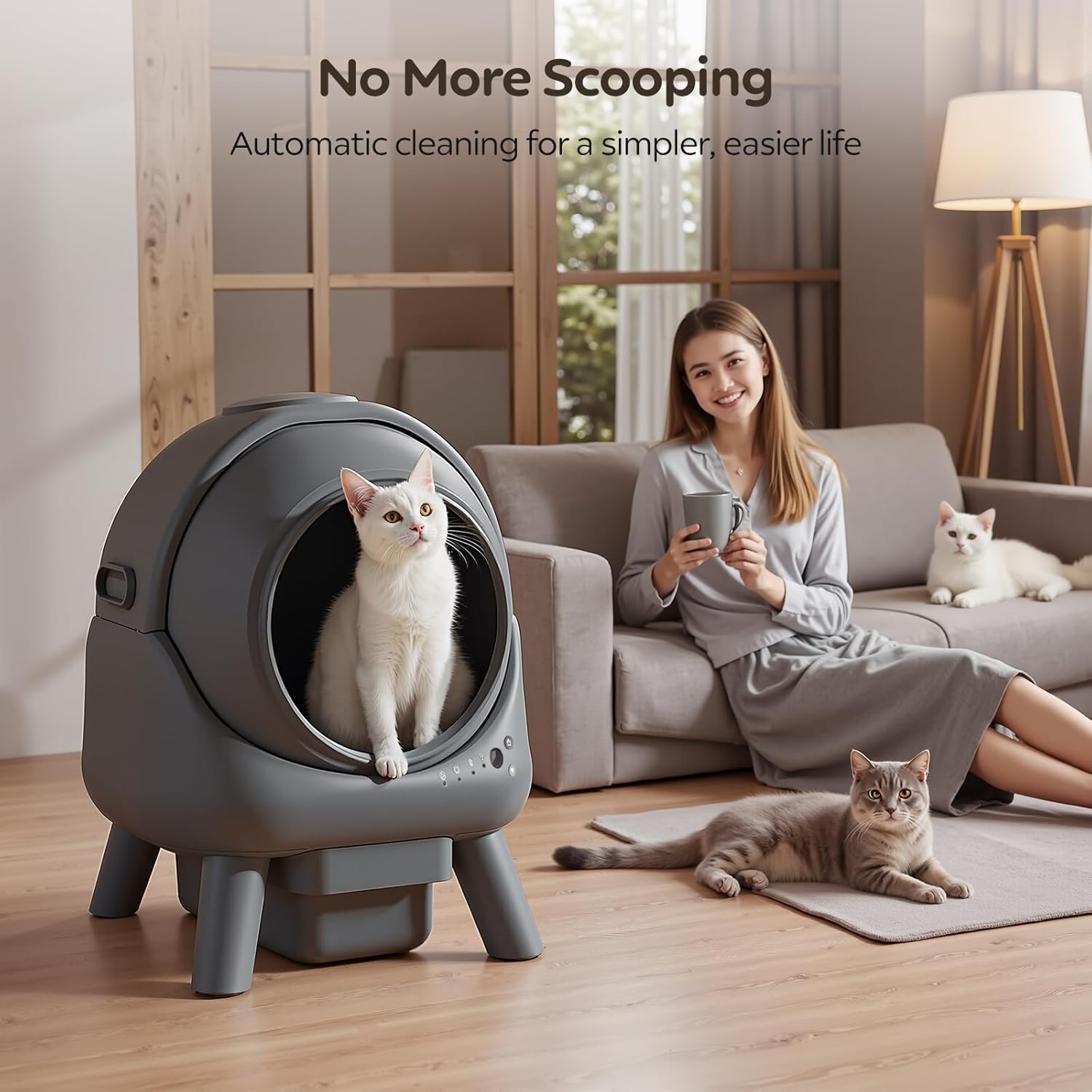 Self Cleaning Litter Box for Multiple Cats – Automatic Cat Litter Box with APP Control, Odor-Free Waste Disposal, Dual Safety Sensors, Litter Bags, Grey