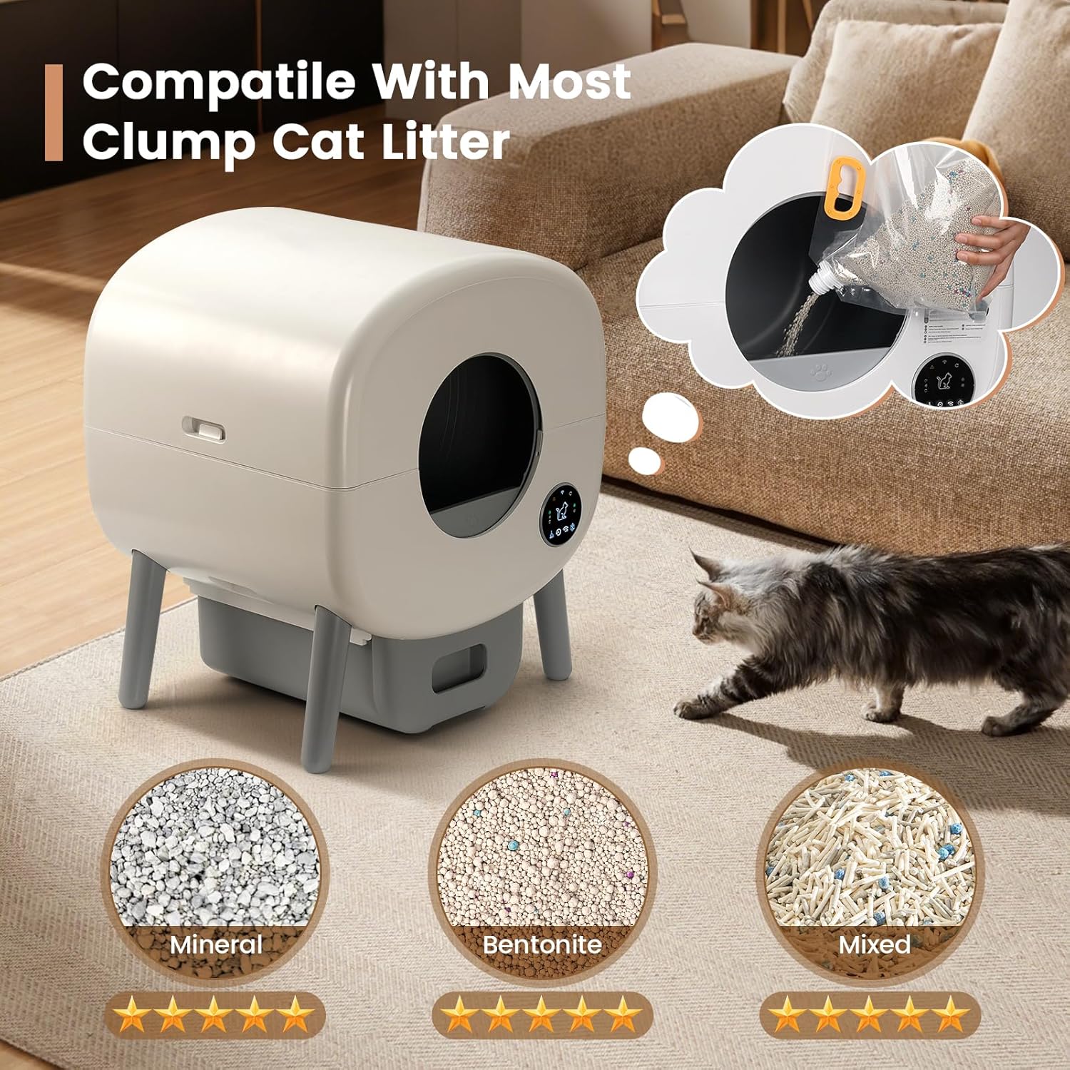 Automatic Cat Litter Box,Self Cleaning Litter Box Large Capacity for Multiple Cats with App Control and Safety Protection,2 Roll Litter Bags,White